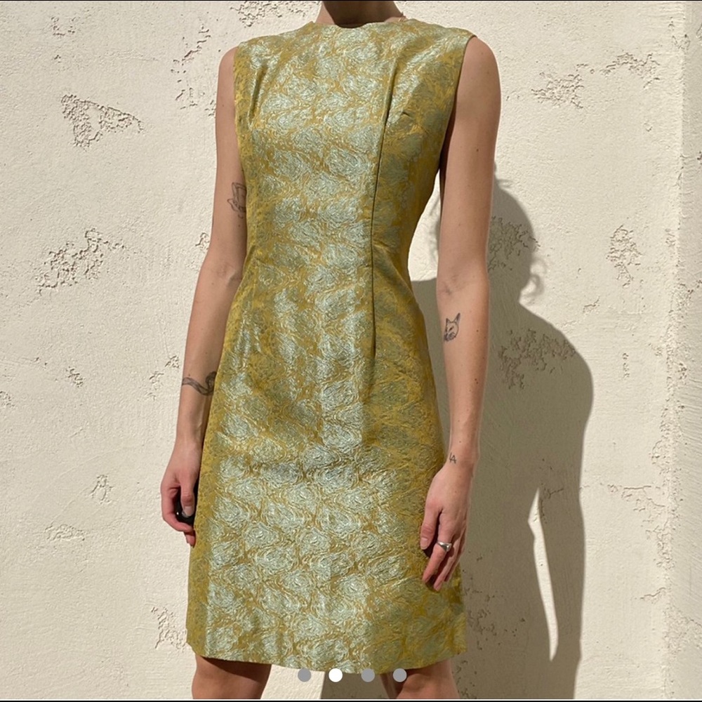 Brocade Sheath Dress In Green/Gold